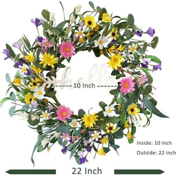 Spring Wreaths for Front Door, 22 Inch Eucalyptus Wreath with Hello Sign - Picture 4 of 7